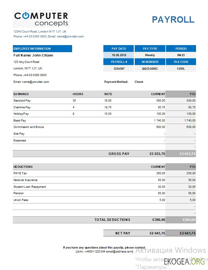 Modèle de paie d'une société informatique aux formats Excel et PDF